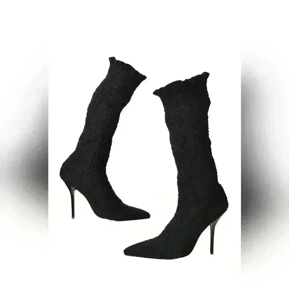 1990s HERVE  LEGER Black Wool Knit Sock Coquette Stiletto Boots 39EU (9US) Italy - Picture 3 of 8